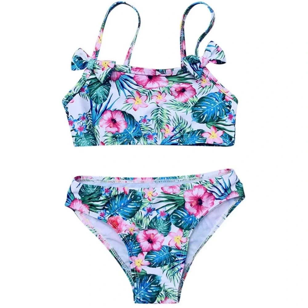 Girls Floral Bow Detail Two‎ Piece Swim Suit Bikini Size 7-8